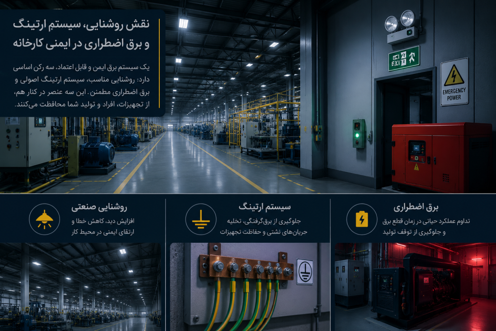 نقش روشنایی، سیستم ارتینگ و برق اضطراری در ایمنی کارخانه | روشن صنعت