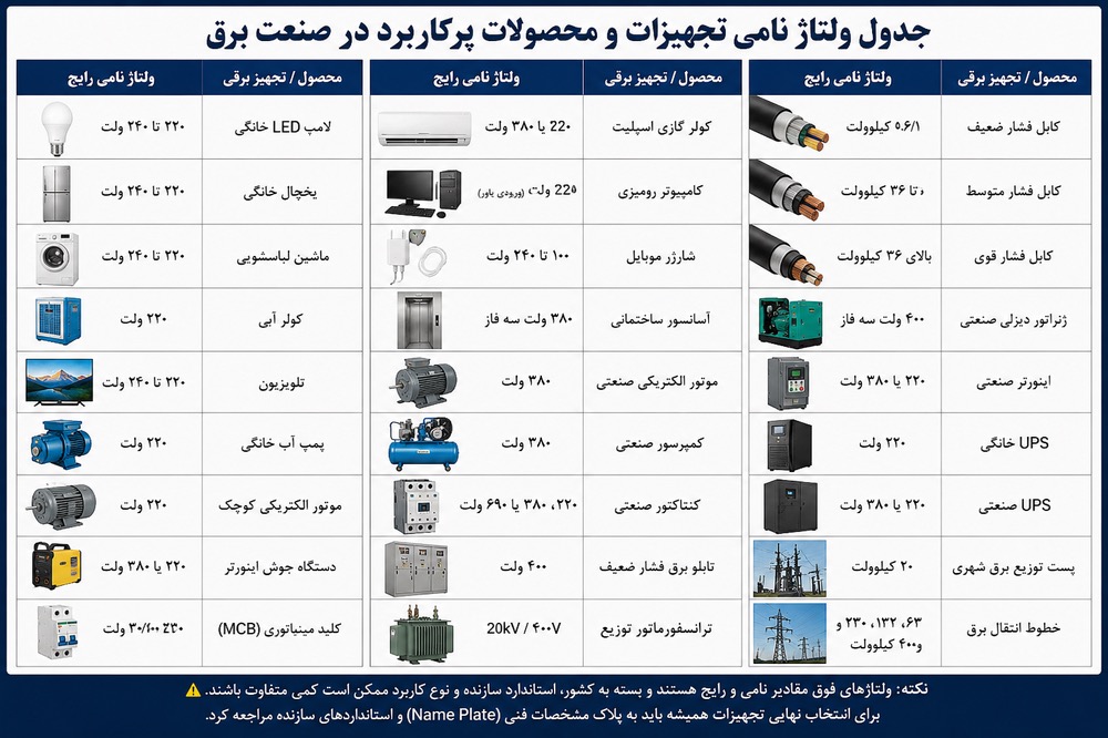 ولتاژ نامی تجهیزات برقی | روشن صنعت