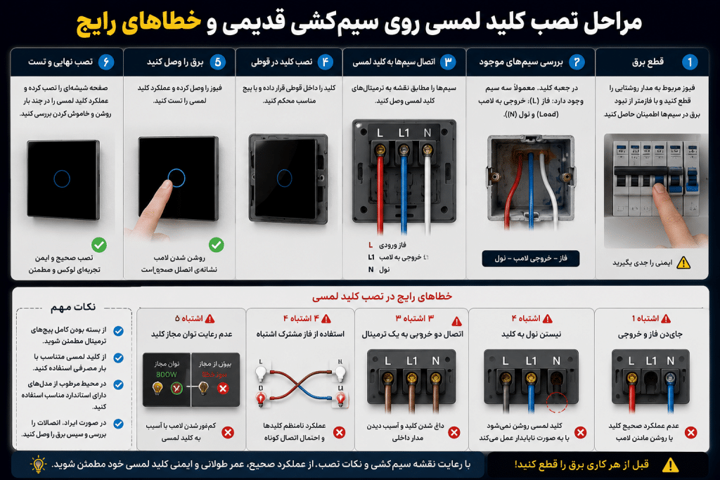 مراحل نصب کلید لمسی روی سیمکشی قدیمی و خطاهای رایج | روشن صنعت