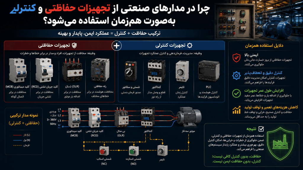 اینفوگرافیک تجهیزات حفاظتی و کنترلی در مدارهای صنعتی و نحوه عملکرد همزمان آنها | روشن صنعت