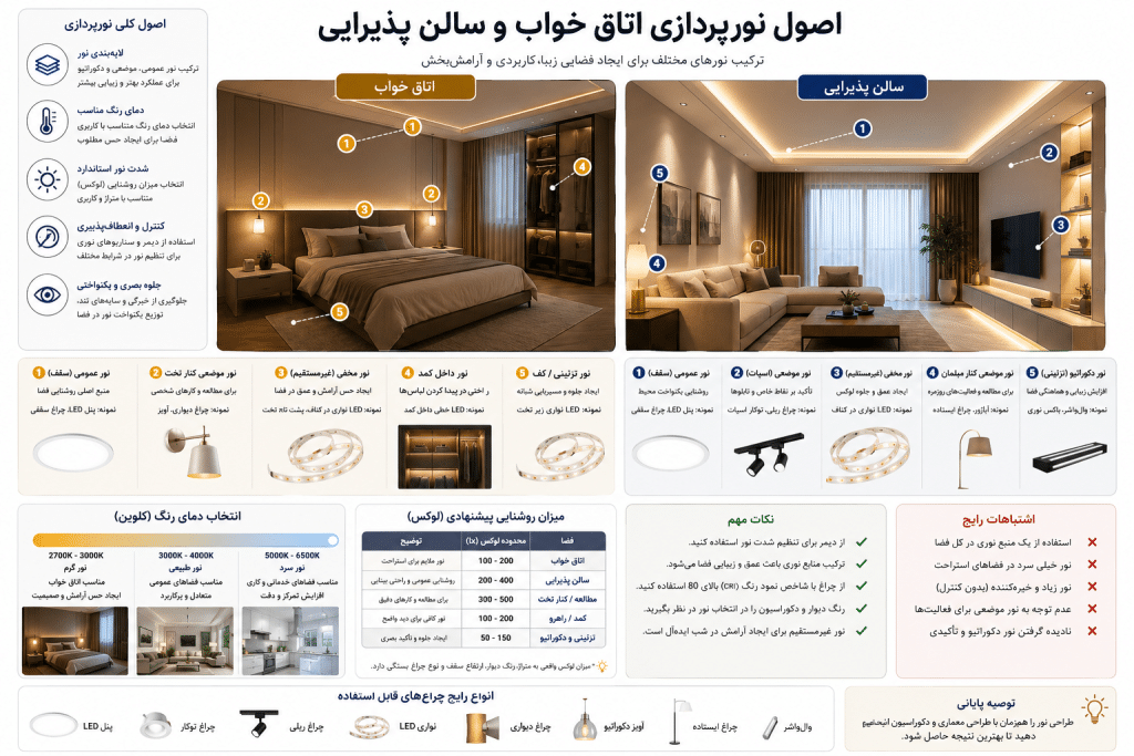 اصول نورپردازی اتاق خواب و سالن پذیرایی | روشن صنعت