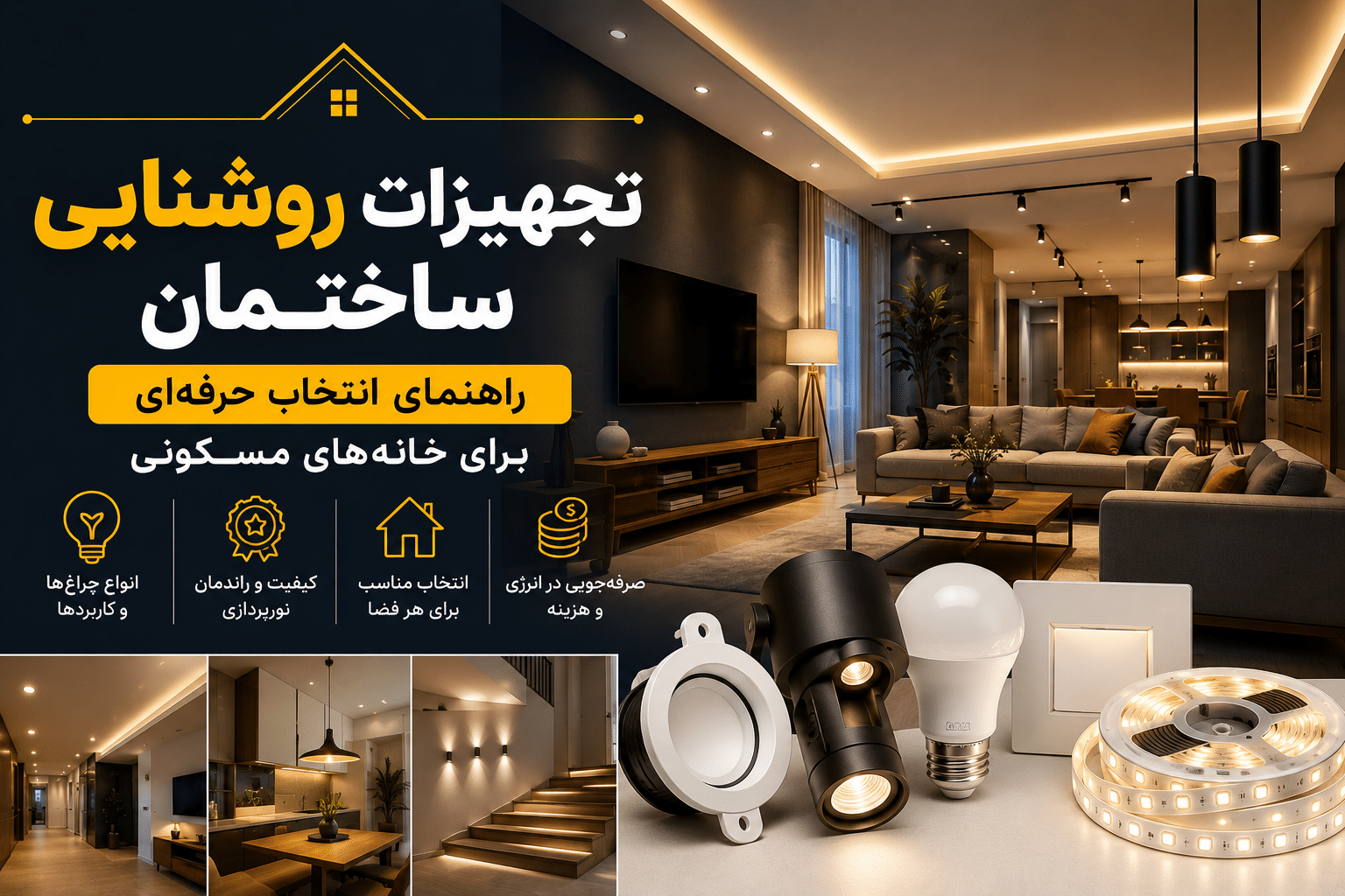 تجهیزات روشنایی ساختمان | راهنمای انتخاب چراغ و نورپردازی خانه روشن صنعت